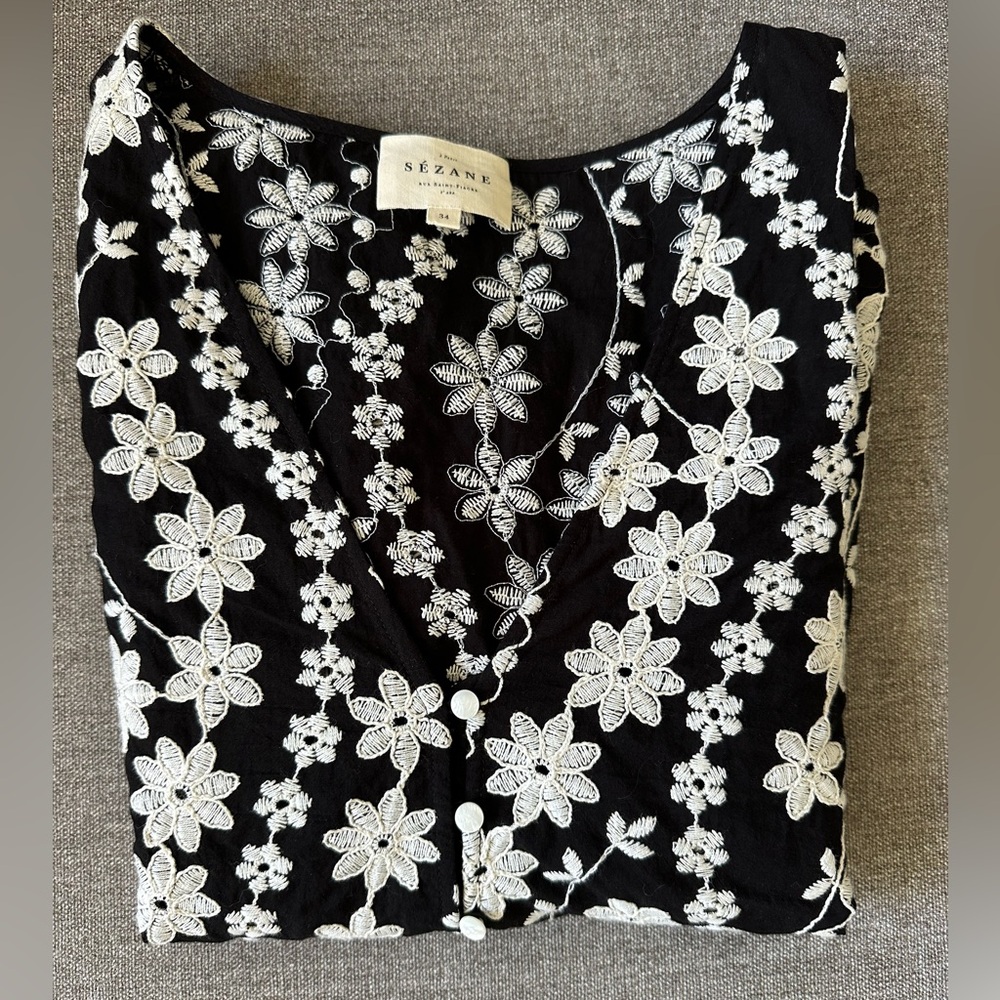 Sezane Emma Blouse Ecru Embroidery/ Black - Size 2 - Picture 9 of 11